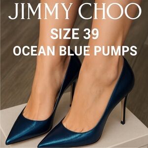 Jimmy Choo Abel Patent Leather Stiletto Pumps in Ocean Blue Metallic SZ 39